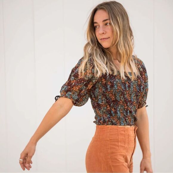 NWT Free People Back on Top Floral Square Neck Puff Sleeve Earthy Cropped XS - Picture 5 of 15